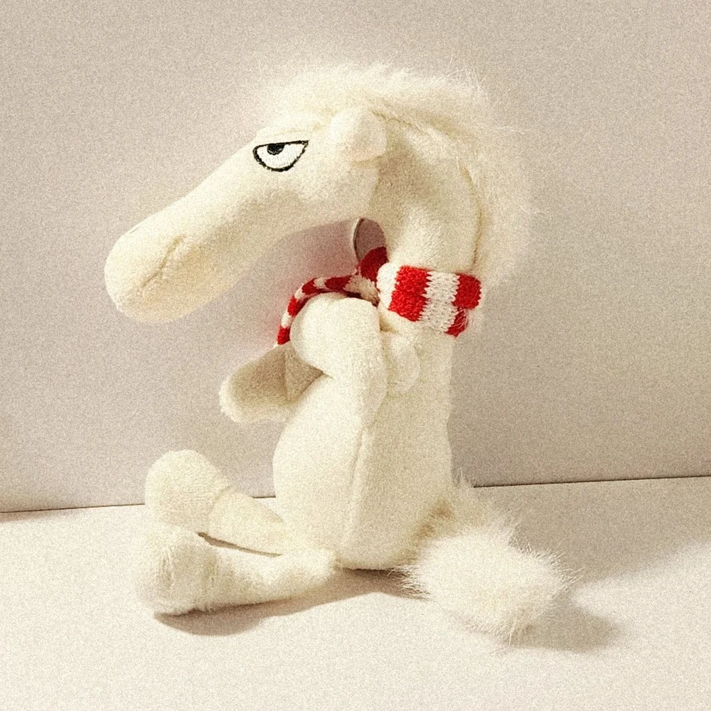 Grumpy White Horse Plush Keychain with Red Striped Scarf 5 Inch Bag Charm